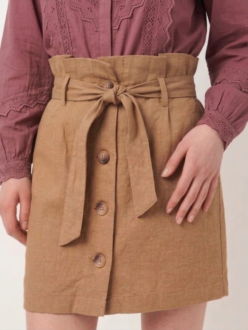 Topshop Linen Buttoned Paperbag Mini Skirt Tan Khaki Belted Womens Size 4
